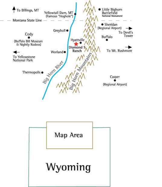Map of Big Horn Mountain area surrounding the Diamond S Retreat in Wyoming.