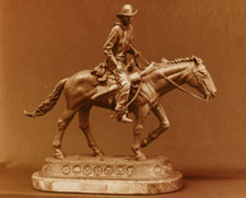 Front view of "Against the Wind", a bronze by L.D. Edgar, Western Heritage Studio, Cody Wyoming